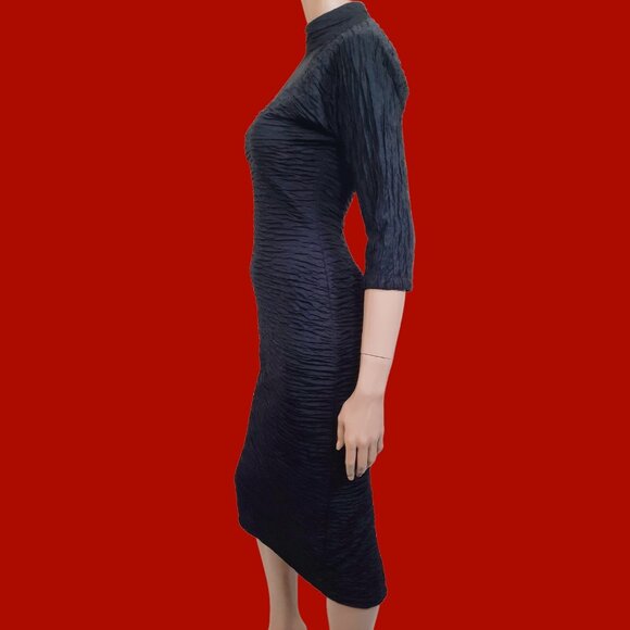 Vintage 90s Black Gothic Vampy Midi Dress Size S High Neck Cut Out Crinkled - Picture 4 of 10